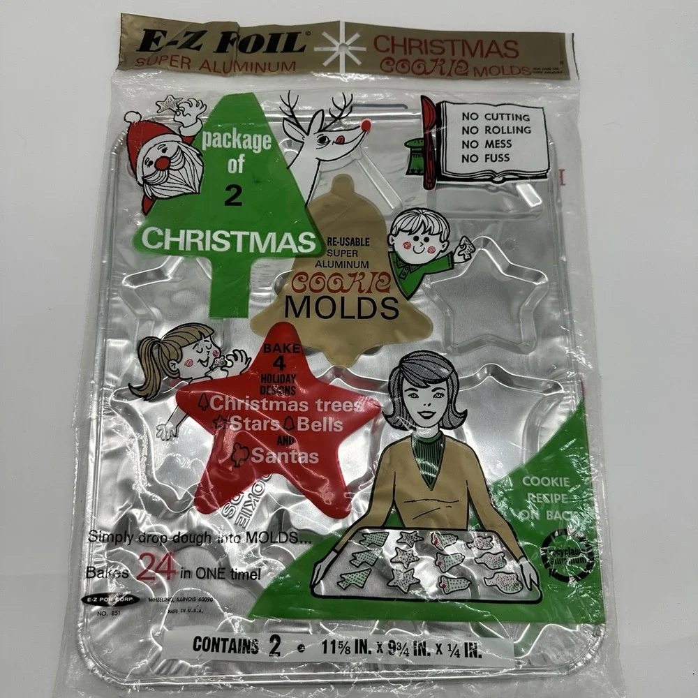 Vintage E-Z Foil  Super Aluminum Christmas Cookie Molds Pack of 2 NO.851 SANTA